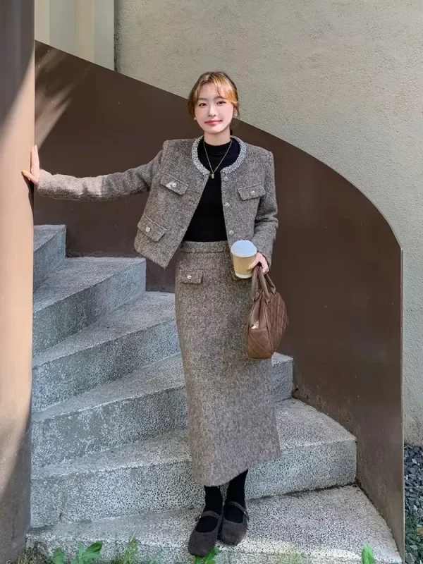 UNXX Elegante stile classico di lana giù giacca a maniche lunghe gonna abiti autunno/inverno 2025 retrò set a due pezzi donna ufficio signora 1