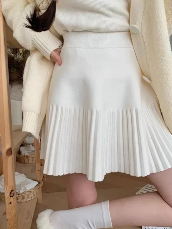 Gonna corta a pieghe da club sexy elegante in maglia solida da donna coreana moda autunno inverno vita alta vacanza minigonna a trapezio casual 5