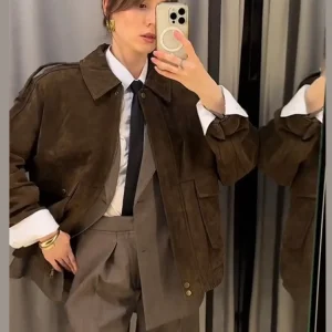 Giacca corta in pelle scamosciata vintage da donna Casual versatile colletto rovesciato cappotti con cerniera 2025 Capispalla autunno inverno moda High Street 1