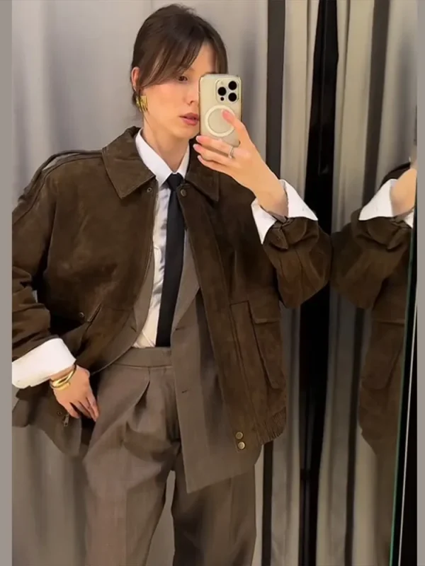 Giacca corta in pelle scamosciata vintage da donna Casual versatile colletto rovesciato cappotti con cerniera 2025 Capispalla autunno inverno moda High Street 1