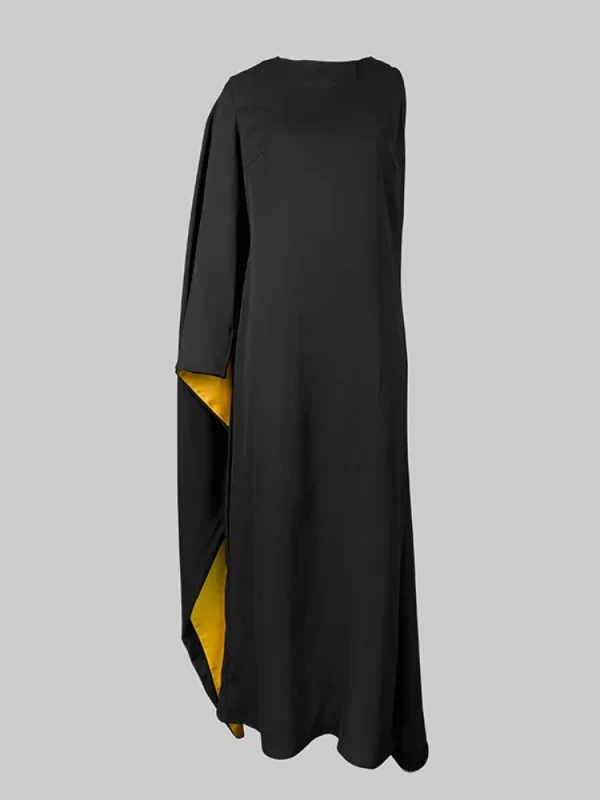 Onecozyday Abito lungo monospalla da donna in colore a contrasto Nero e oro Girocollo Slim Fit Abiti da sera a vita alta 4
