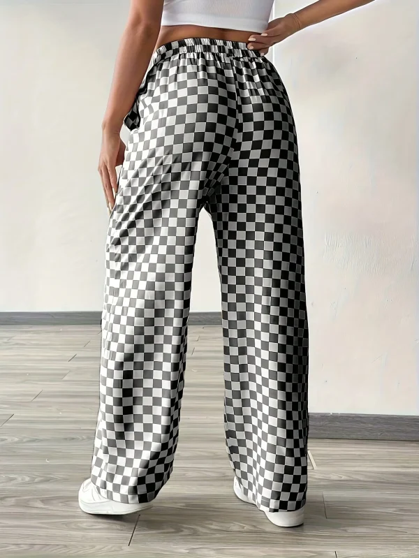 「Eleganti pantaloni larghi dritti da donna a gamba larga con pantaloni casual in tessuto con stampa a quadretti in bianco e nero, lavabili in lavatrice 3