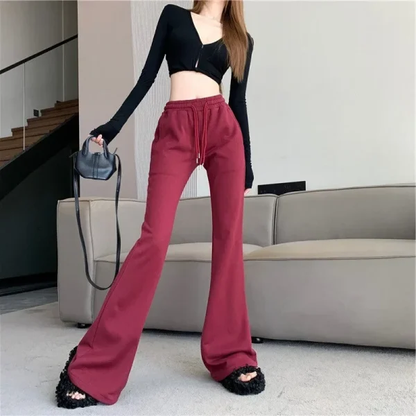 Vino rosso coulisse sport casual micro pantaloni svasati donna vita alta dimagrante nuova vendita calda della stagione primavera autunno trendy L 3