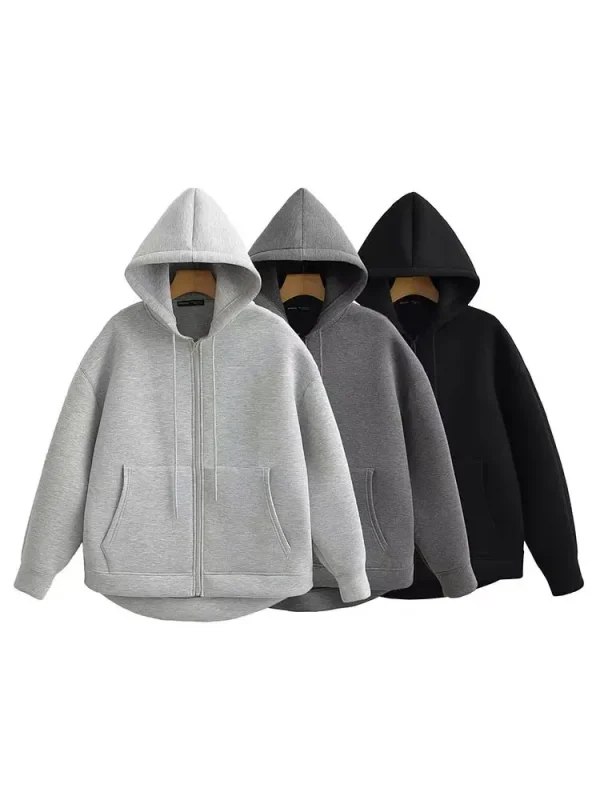 HH Autunno Donna Giacca grigia con cappuccio Manica lunga Tasca grande Giacca con cerniera Cappotto Donna Allentato Capispalla casual Cappotto Top 4
