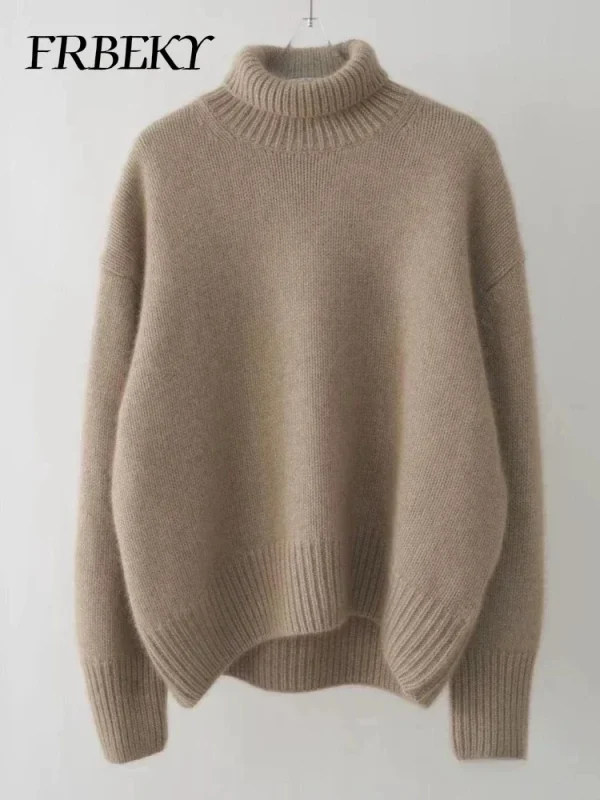 Maglione da donna autunno moda coreana collo alto maglione lavorato a maglia tinta unita maglione lavorato a maglia a maniche lunghe allentato abbigliamento femminile 6