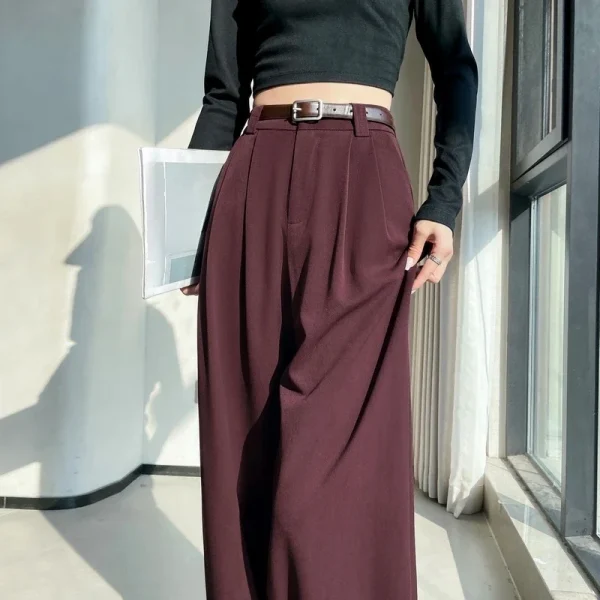 2025 Pantaloni a gamba larga da donna allentati della nuova primavera estate Pantaloni casual dritti eleganti femminili a vita alta rossi 2