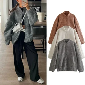 Giacca da baseball calda grigia allentata moda donna Giacca bomber oversize casual autunnale per ragazze Capispalla caldo spesso vintage 1