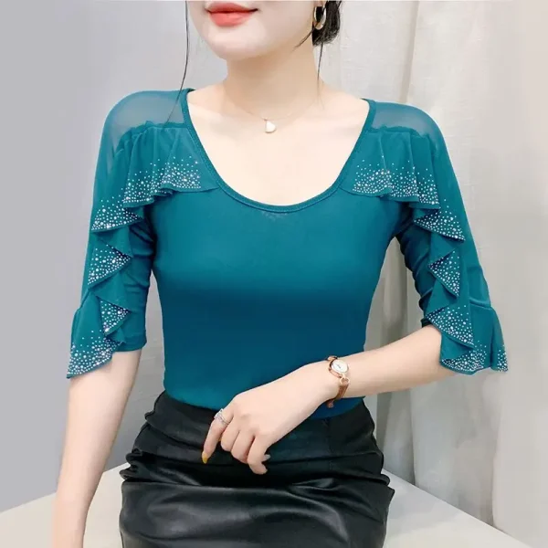 2025 Primavera Estate Maglia Top Moda coreana Girocollo Patchwork Foglia di loto Increspature Camicia Hot Diamond Donna T Shirt 2