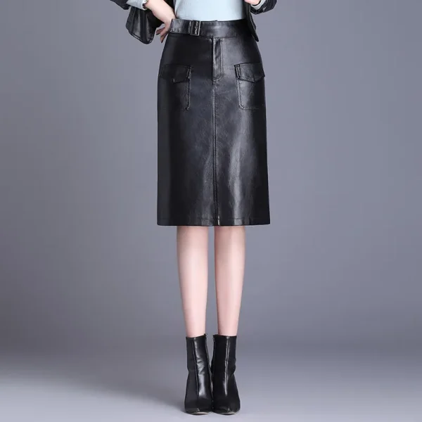 ZUZK Gonna da donna in pelle PU al ginocchio primavera autunno tinta unita gonne dritte casual gonne in pelle PU 3 colori 4