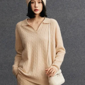 Polo da donna con scollo a V maglione pullover allentato casual 100% maglieria in cashmere caldo lusso twist fiore maglione autunno inverno vestiti Top 1