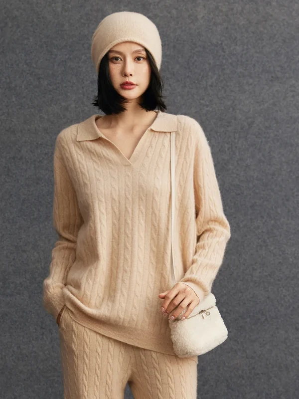 Polo da donna con scollo a V maglione pullover allentato casual 100% maglieria in cashmere caldo lusso twist fiore maglione autunno inverno vestiti Top 1