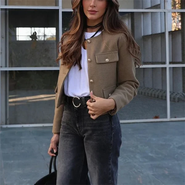 MUJER Giacca corta in tweed Giacca vintage da donna a maniche lunghe Giacca da donna con bottoni alla moda Giacche eleganti da donna Novità in cappotti corti 4