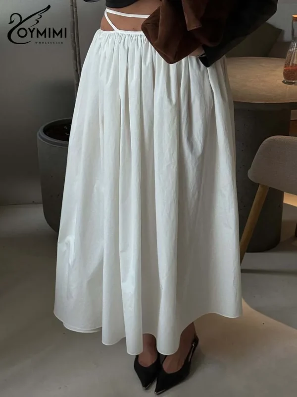 Oymimi Moda Gonna da donna in cotone bianco Elegante gonna a pieghe con lacci allentata Casual Nuove gonne a metà polpaccio solide Abbigliamento femminile 3