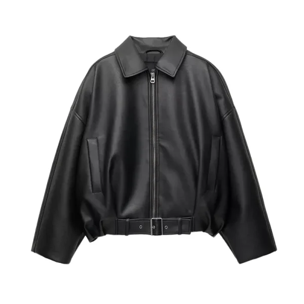 Colletto alla coreana Giacca corta in pelle da donna Cerniera Solido monopetto Manica intera Cintura con risvolto Cappotto 2025 Autunno Lady Chic Outwears 4