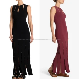 Abito da donna lungo con spacco in maglia elasticizzata scavata impreziosito da donna 1