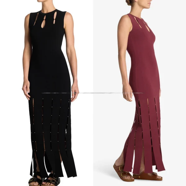 Abito da donna lungo con spacco in maglia elasticizzata scavata impreziosito da donna 1
