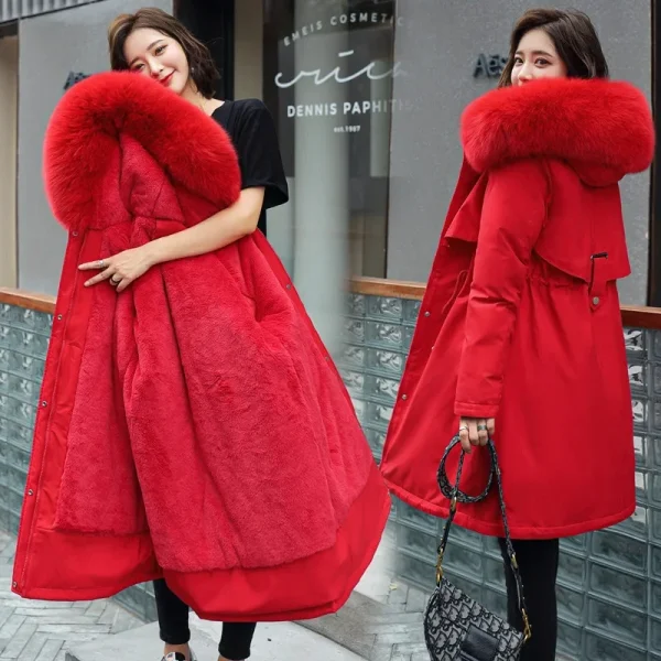 Parka invernale 2024 nuove donne giacca vestiti cappotto lungo fodera in lana giacca con cappuccio collo di pelliccia spesso caldo abbigliamento da neve moda Parka 2