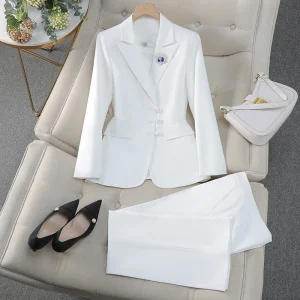 NAVIU Abiti da donna eleganti per il negozio di gioielli primaverili autunnali Pantaloni professionali con giacca da lavoro da donna per ufficio Nero Bianco 1