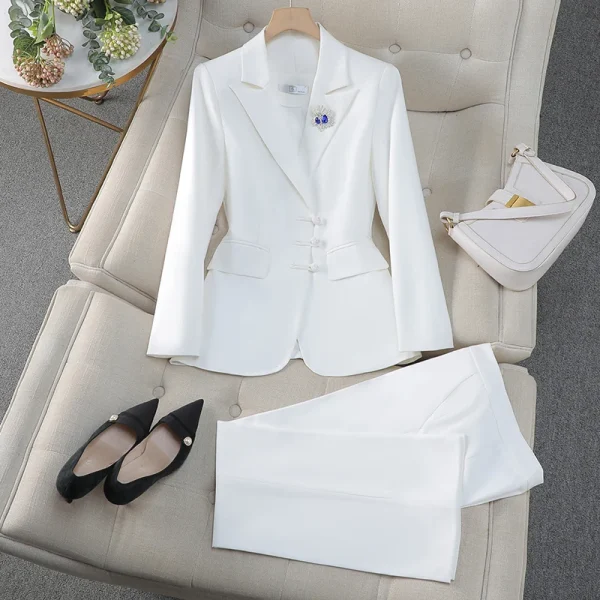 NAVIU Abiti da donna eleganti per il negozio di gioielli primaverili autunnali Pantaloni professionali con giacca da lavoro da donna per ufficio Nero Bianco 1