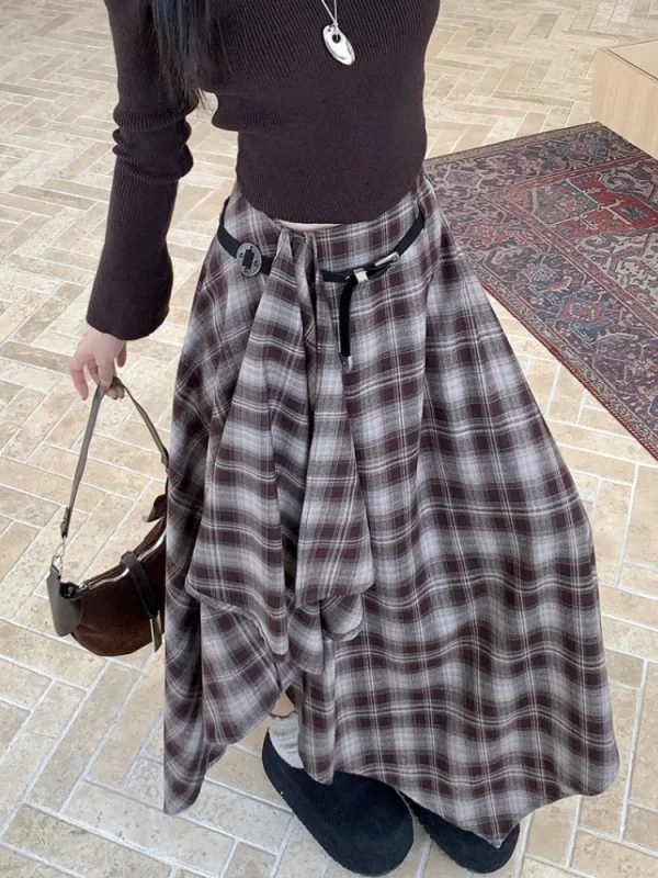 Qiukichonson Gonne lunghe Donna Gonna di lana 2025 Goth Autunno Inverno Vita alta Ruffles Gonna scozzese asimmetrica Maxi con cintura 2