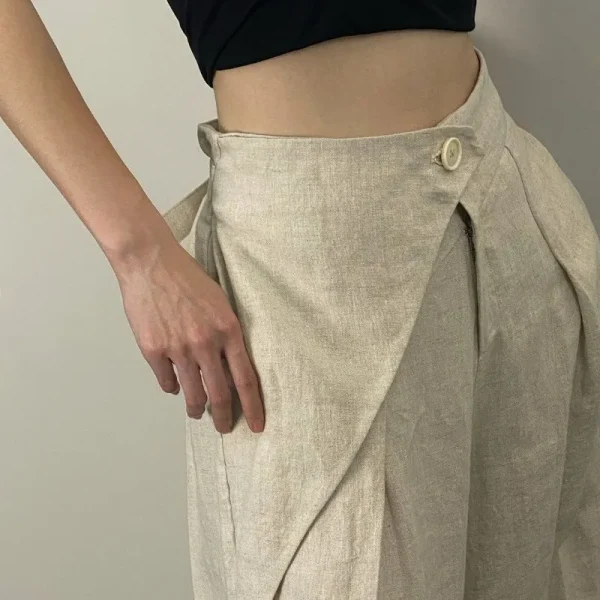 Pantaloni a gamba larga pieghettati casual da donna alla moda chic Texture in lino Pantaloni larghi a vita alta tutti abbinati Mujer Pantalones 2