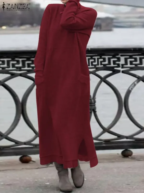 ZANZEA inverno autunno felpa vestito donna pizzo Crochet Pullover Vestidos solido O collo manica lunga in pile prendisole Robe felpe con cappuccio 4