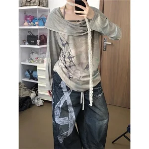 Kimotimo Punk Stampato Colletto Oscillante T-shirt con Cappuccio Donna Giapponese Vintage Allentato Manica Lunga Magliette 2025 Autunno Y2k Gotico Magliette 1
