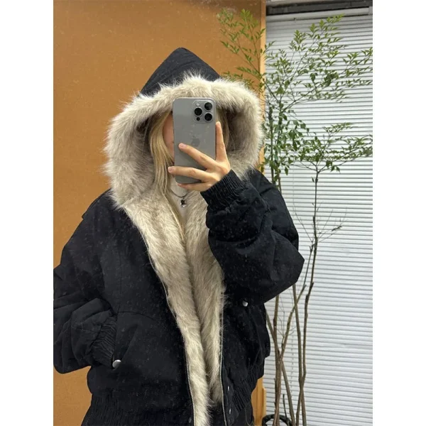 Giacca con cappuccio con collo in pelliccia retrò americana da donna Y2K Streetwear inverno nuova giacca casual allentata Harajuku calda ispessita in velluto 6