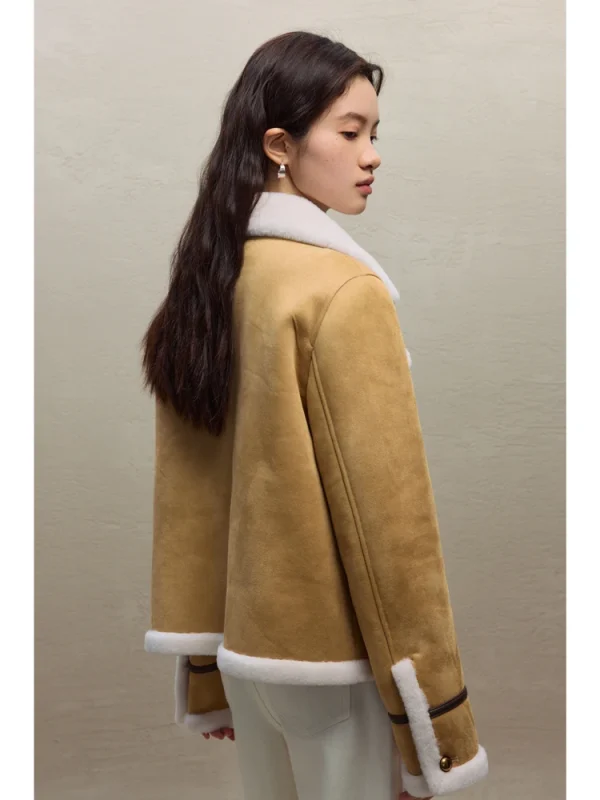 ZIQIAO Donna 100% Giacca in lana d'agnello Donna Inverno Addensare Cachi Cappotti corti Colletto rovesciato Cappotto monopetto retrò 23ZQ94092 3