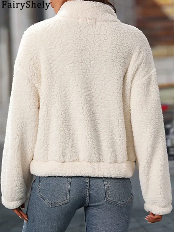 Fairyshely 2025 Autunno Inverno Bianco Felpe con cappuccio da donna Manica lunga con cerniera Felpa con cappuccio Casual Lady Felpa con cappuccio in peluche allentata Top 6