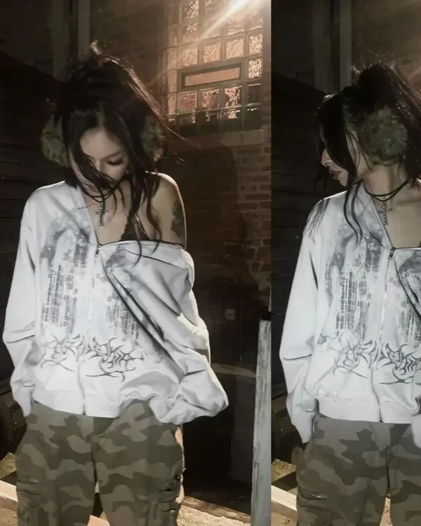 Felpa con cappuccio con zip alla moda gotica con stampa estetica vintage primavera autunno Felpa Hip Hop Casual Y2k Top Donna Uomo Kpop Abbigliamento 4