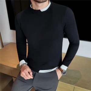 2025 Autunno Inverno Falso Due Maglioni a maniche lunghe Splicing Fondo lavorato a maglia Maglione Moda Casual Business Maglione Abbigliamento uomo 1
