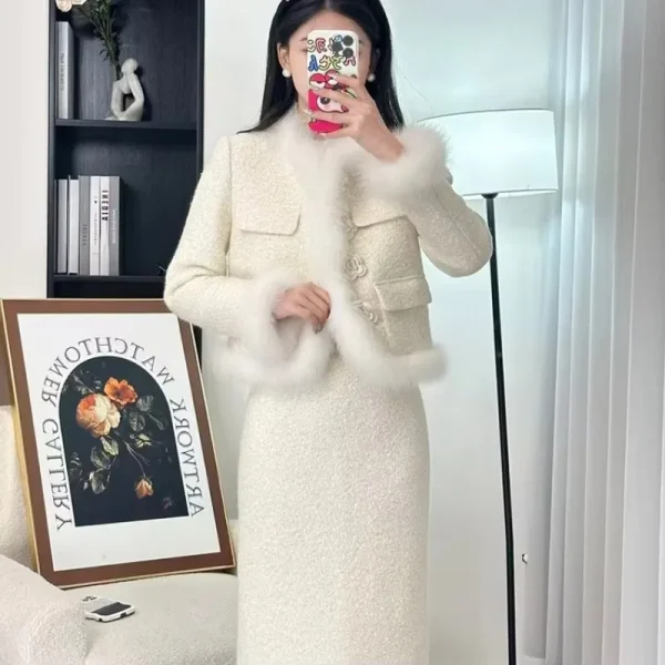 Autunno Inverno Nuovo Cappotto in Pelliccia Sintetica Gonna Lunga da Donna Set da 2 Pezzi Imbottito da Donna da Ufficio Due Pezzi Gonna Set di Vestiti 4