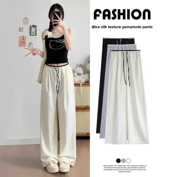 Pantaloni sportivi bianchi a gamba larga per donna Estate Nuova vita alta Casual Primavera Autunno Pantaloni Yamamoto in seta ghiacciata Stile polsino 3