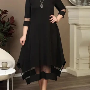 GIBSIE Plus Size nero contrasto maglia Splicing abito lungo donna estate o-collo manica 3/4 elastico lavorato a maglia eleganti abiti a trapezio 1