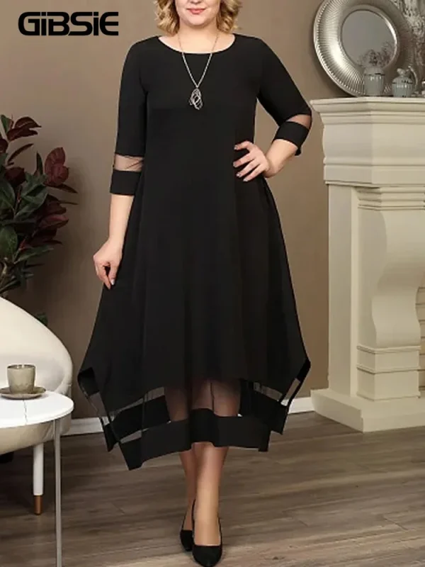 GIBSIE Plus Size nero contrasto maglia Splicing abito lungo donna estate o-collo manica 3/4 elastico lavorato a maglia eleganti abiti a trapezio 1