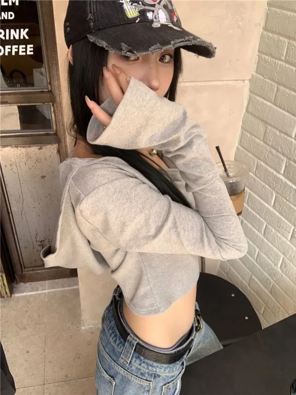 2025 Y2k Estetica Donna Casual T-shirt con cappuccio Streetwear Grunge Autunno Solid Magliette Harajuku Vintage Fata Ritagliata Tees Femme 5