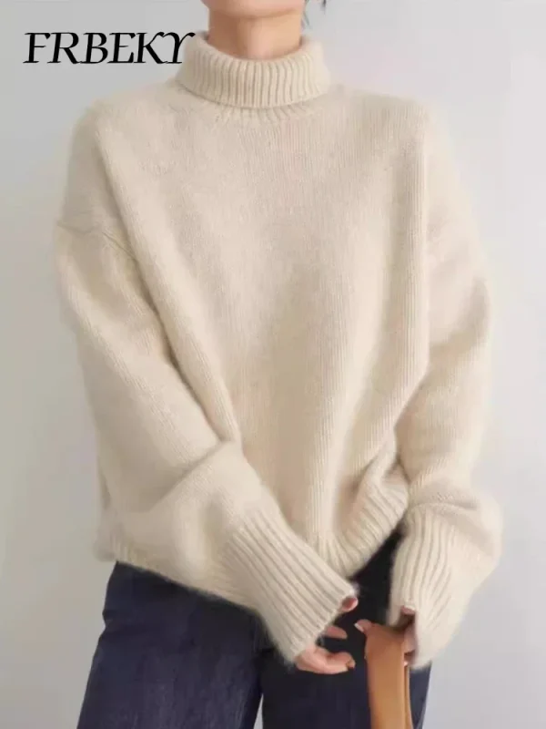 Maglione da donna autunno moda coreana collo alto maglione lavorato a maglia tinta unita maglione lavorato a maglia a maniche lunghe allentato abbigliamento femminile 3