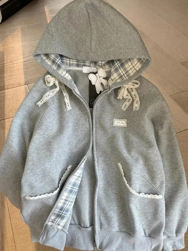 Zoki Felpe con cappuccio patchwork in pizzo da donna Felpa a maniche lunghe con fiocco carino Stile preppy giapponese Dolce manica lunga allentata Capispalla femminile grigio 1