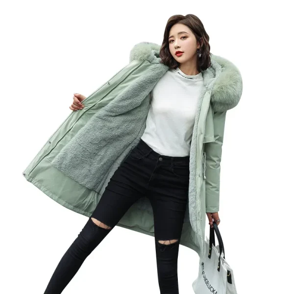 Parka invernale 2024 nuove donne giacca vestiti cappotto lungo fodera in lana giacca con cappuccio collo di pelliccia spesso caldo abbigliamento da neve moda Parka 5