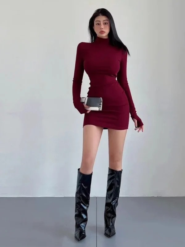 Mini abito rosso mezzo dolcevita donna Y2K manica lunga sexy abito sottile sui fianchi autunno inverno donna streetwear party club abiti neri 3