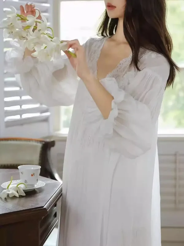 Camicia da notte bianca a maniche lunghe da donna in primavera autunno Abito da donna con gonna lunga in pizzo a maniche lunghe stile principessa bellissimo pigiama 5