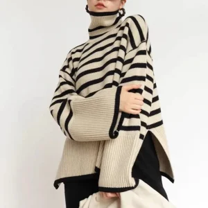 Maglione dolcevita a righe da donna2023Nuovo cappotto pullover in maglia di nicchia dal design ampio autunno e inverno 1