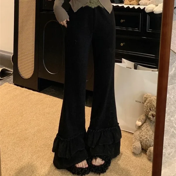 Pantaloni svasati da donna casual all'inizio della primavera con bordi carini Pantaloni lunghi elastici Pantaloni versatili con finiture floreali Dolce adorabile nuovo stile 2