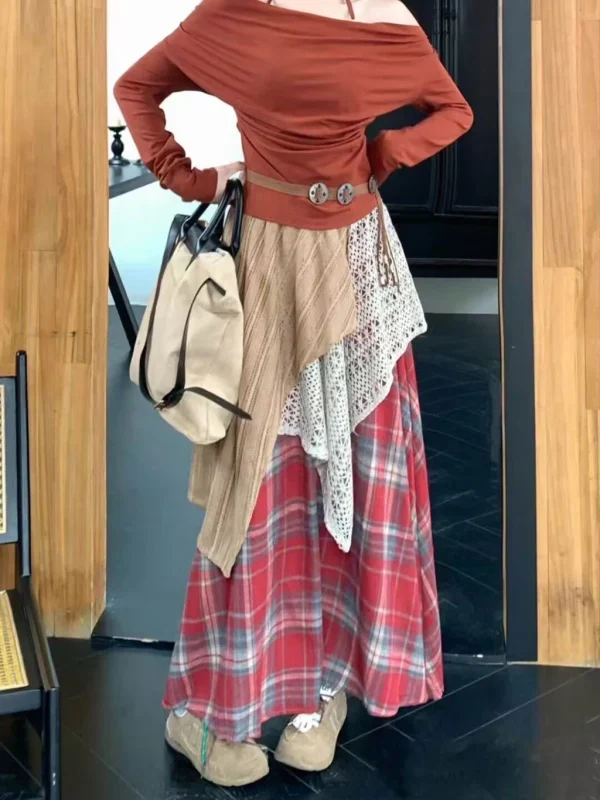 Gonne lunghe scozzesi vintage di design Donna stile coreano Gonna irregolare a vita alta allentata Casual Streetwear Gonna Y2k patchwork retrò 5