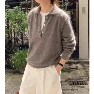 Elegante risvolto POLO con fibbia maglione in puro cashmere 100 versatile maglione autunnale e invernale da donna base lavorata a maglia in lana sciolta 1