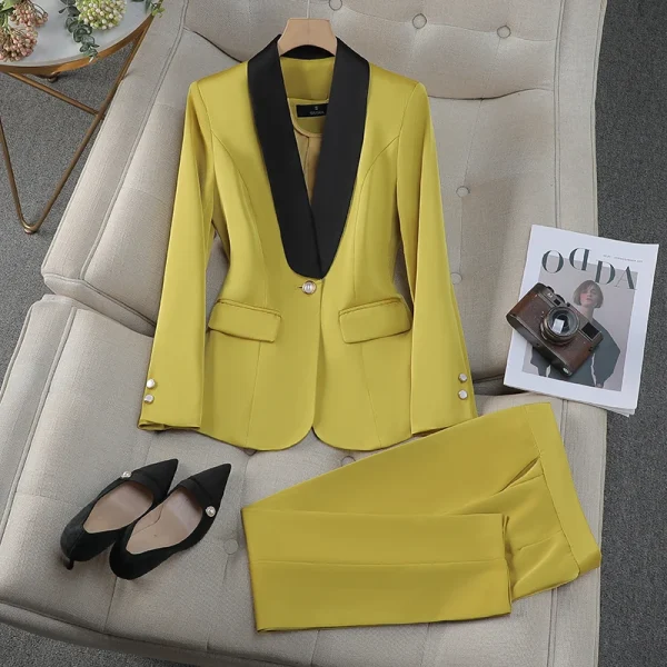 NAVIU Abbigliamento da lavoro da lavoro Set da 2 pezzi Viola Rosso Giallo Albicocca Giacca a maniche lunghe e pantaloni da donna Pantalone da lavoro formale 4