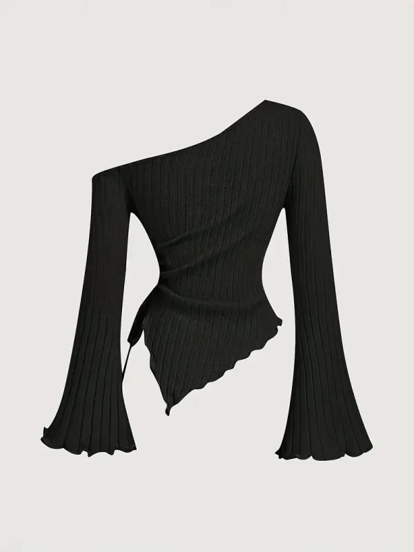 2025 nuove donne casual di nicchia tinta unita design senso lavorato a maglia pit stripe maniche lunghe cravatta con orlo irregolare 4