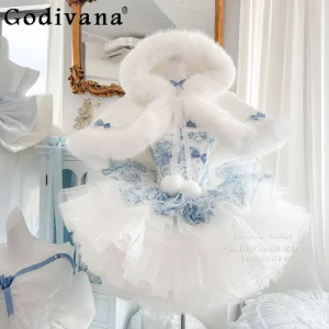 Abito natalizio dolce Lolita senza spalline Abito corto senza maniche elegante sottile a vita alta da donna con mantello Autunno e inverno 1