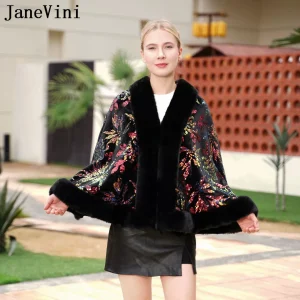JaneVini Moda Nero Paillettes Scialle da sposa Avvolgente in pelliccia sintetica Bolero Abito da sera Mantello da donna Mantello da sposa Coprispalle Giacca invernale 1